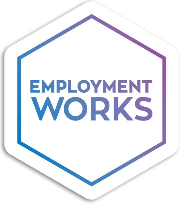 On a white background, there is a hexagon in purple colour. In the middle of the image reads, "EmploymentWorks". This image is the logo of EmploymentWorks.